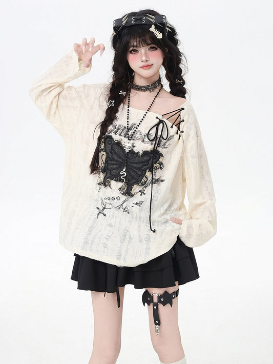 Holes Top Vintage Butterfly Applique Lace-up Neckline Apricot Distressed