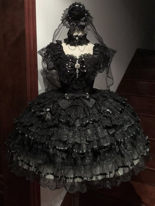 Butterfly Hanayome Skirt Tiered Dress Hime Bodice Lolita Fabric All Black