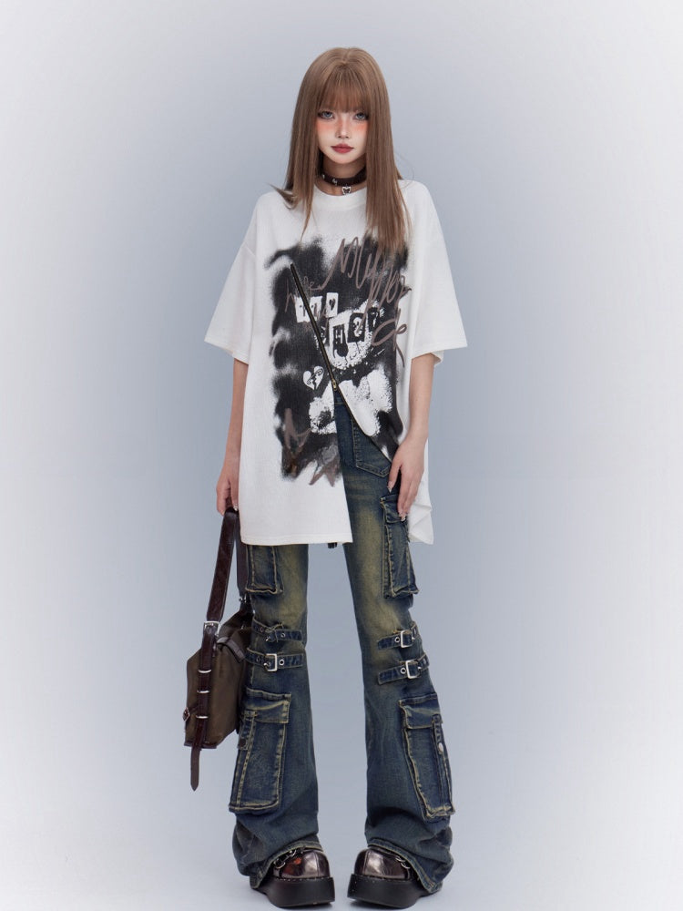 White Round Neck Printed Loose T-Shirt with Zipper Detail