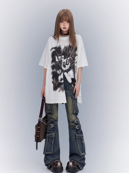 White Round Neck Printed Loose T-Shirt with Zipper Detail