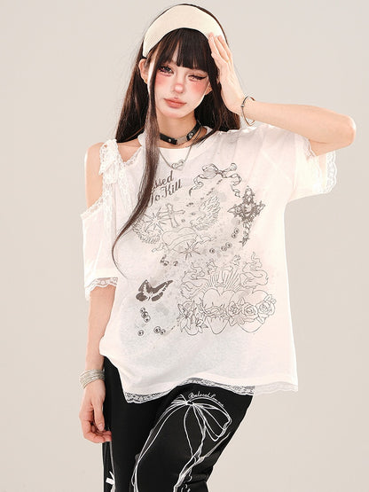 Weißes, lockeres T-Shirt mit Grafik und Cut-Outs an der Schulter