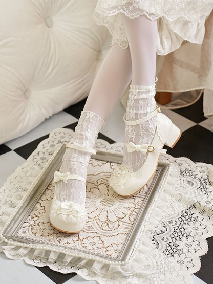 White Round Buckles Heart Lolita Lace at Milky Bow Toe Top Trim