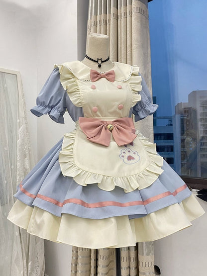 Blue and Pink Sweet Maid Lolita Kitty Paw Apron Dress