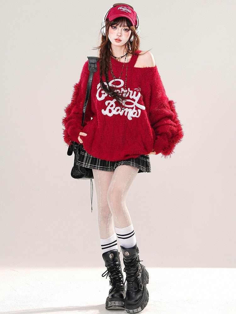 Red Letters Embroidery Cutout Shoulder Loose Sweater