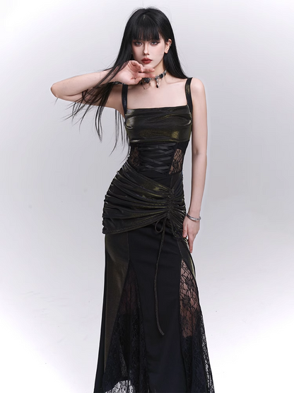 Waist Drawstring Black Lace Hip Sleeveless Dress Patches
