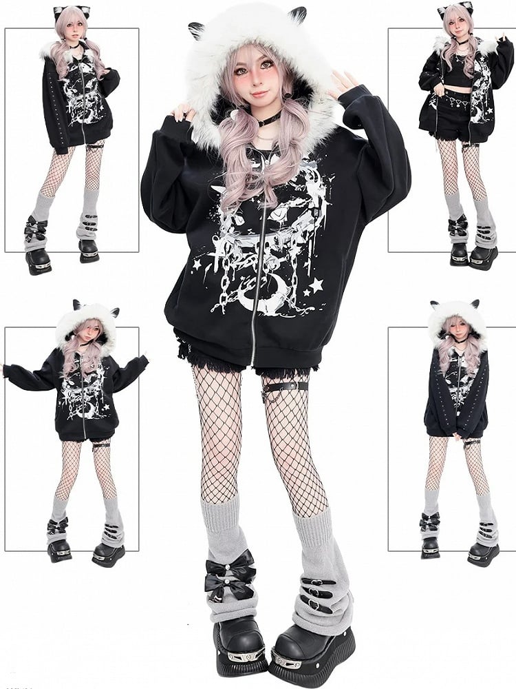 Punk Anime Cat Black Thick Zip Hoodie