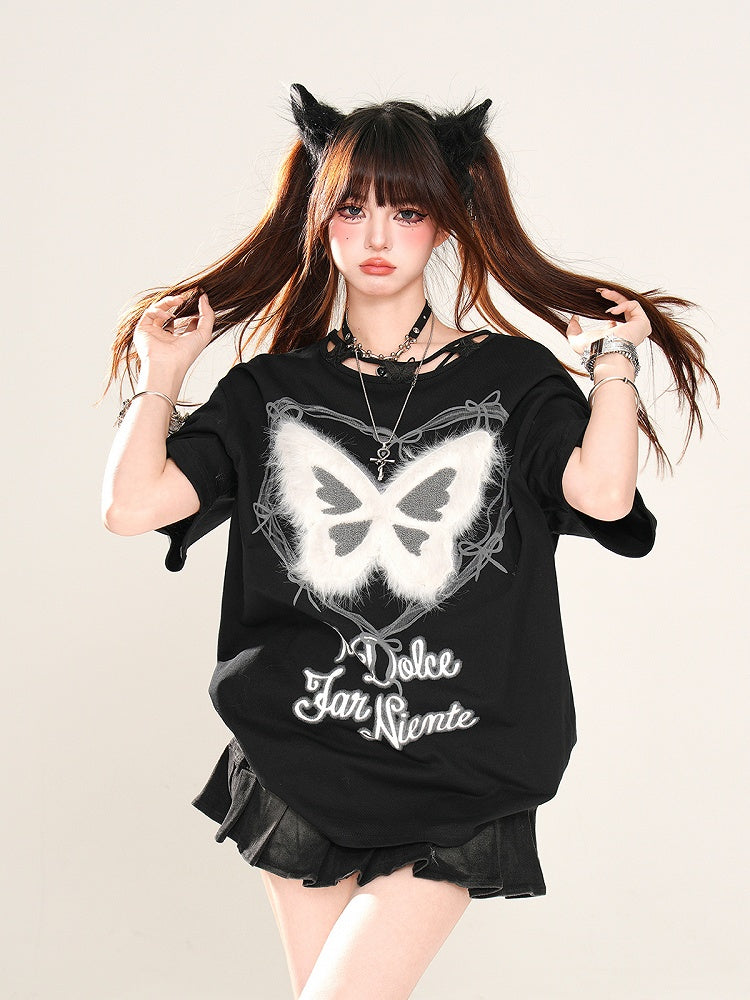 Butterfly Design Neckline Plush Butterfly Pink/Black Graphic T-shirt