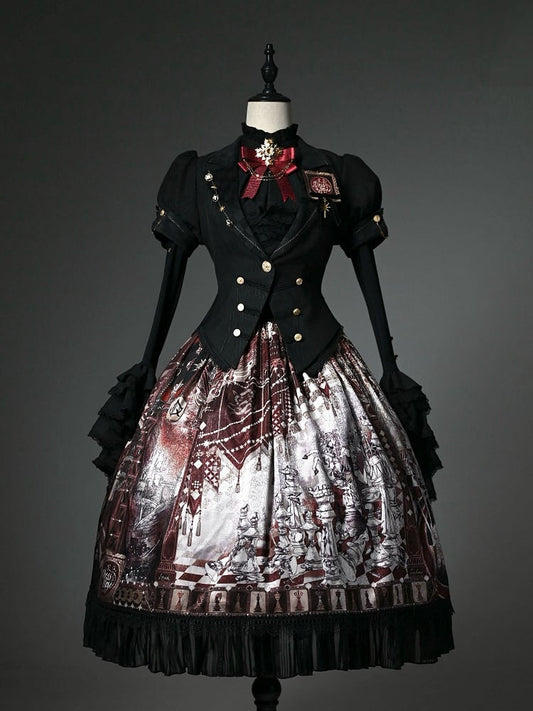 Waist Red Corset Chess Skirt Belt Print Theme Lolita