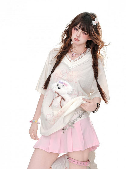 Yume Kawaii Adorable Puppy Weiß/Blau Lockeres T-Shirt