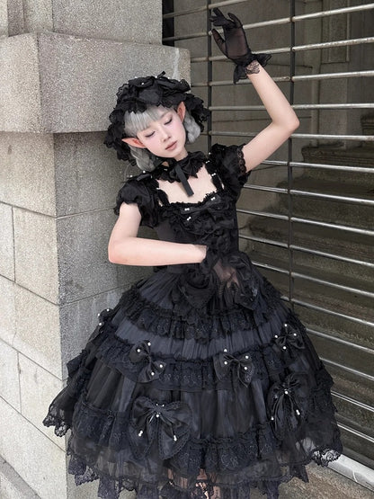 All Details at with Bow Lolita Back Dress Bead Big and Accents Princess Black