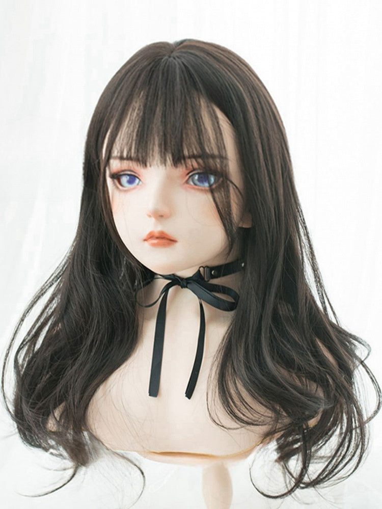 Perruque ondulée noire et brune de 60 cm avec frange aérienne