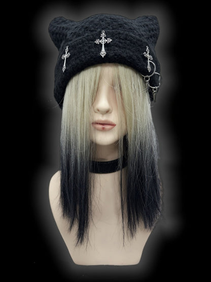 Y2K Black Cross Charms Studs Punk Cat Ears Beanie