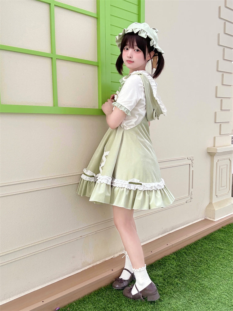 Light Green Frog Embroidery Lace Trim Overalls