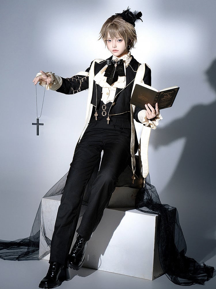 Prince Style Ouji Lolita Full Set Long Sleeves Shirt Blazer Collar Coat High Waist Pants