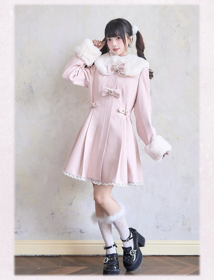 Cuffs Jirai Kei Plush Collar Rhinestones Lace Trim and Pink Coat Bowknots