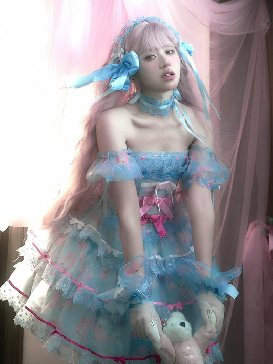 / Puffärmel Rosa Schwarz Blau