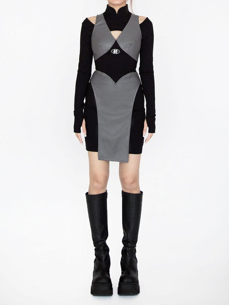 Robe glamour ninja futuriste noire et grise à col à bandes et détails découpés