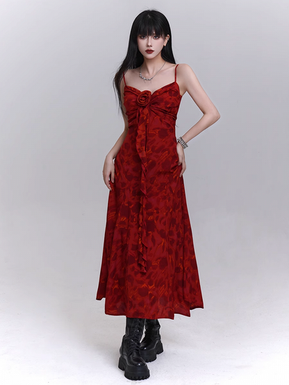 Red Sweetheart Neckline Cascading Ruffle Floral Cami Dress