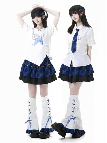 White Blue Plaid Hem Lace-up Detail Leg Warmers