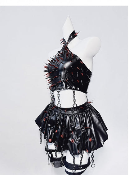Punk Black Halter Neck Studs Cross Chain Sleeveless Top+Skirt Set