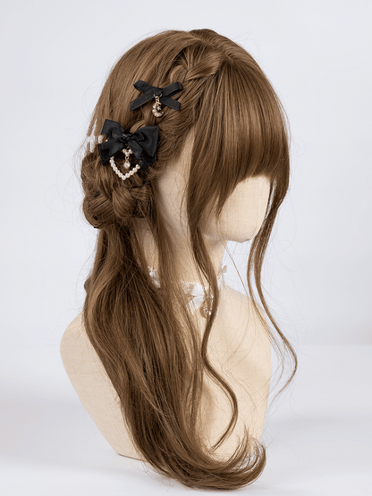 Beaded Bowknot Hairclips with Moon/Heart Jirai Kei Black Charm