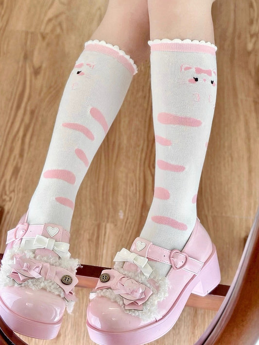 Pink Pattern White Bowknot Print Kitty Socks Lolita Calf