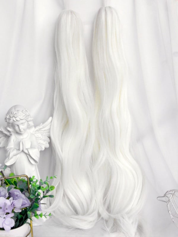Creamy White Short Bob Cut Wig With Bangs＋Double Wavy Ponytail Claw Clips