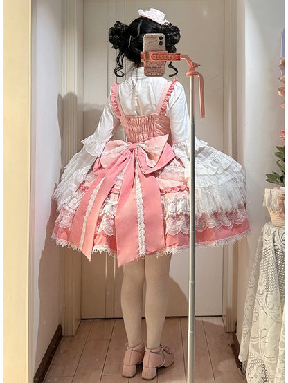 Pink Tiered Lolita Dress Sweet Bows Skirt and Details Bead Detachable