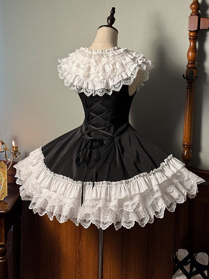 Black Striped Fabric Slim Fit Waist Lolita Sleeveless Dress with White Layered Ruffle Neck and Hem