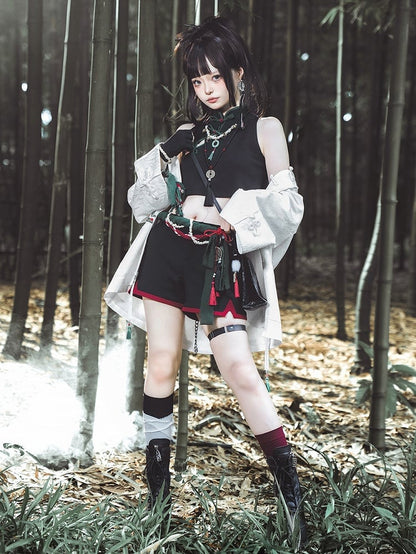 White Jacquard Leaf Hooded Coat Bamboo