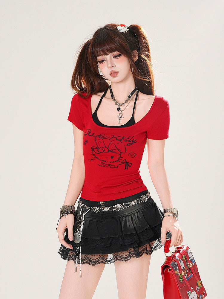 Top T-shirt Halter Print Set Bunny Red/White Neck Black with