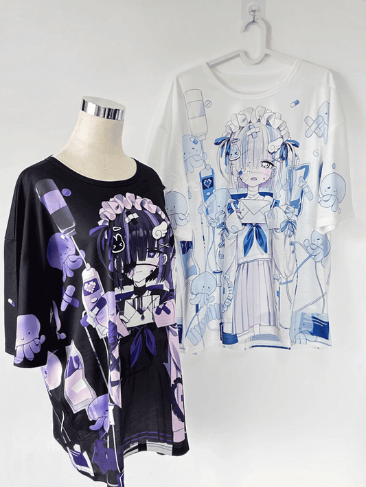 T-shirt Dark Otaku Aesthetic Black Kawaii Round Neck /White with Yami Anime Print 