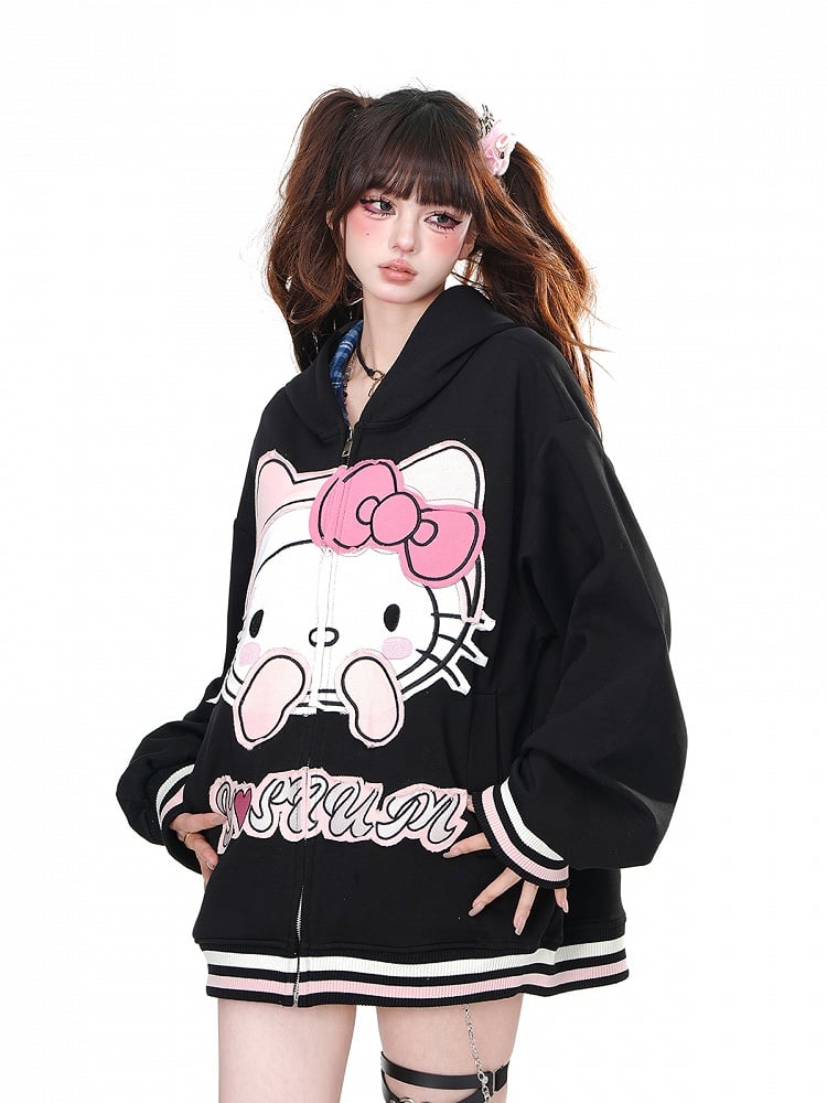 Apricot/Black Kitty Embroidery Oversized Zip Closure Hoodie