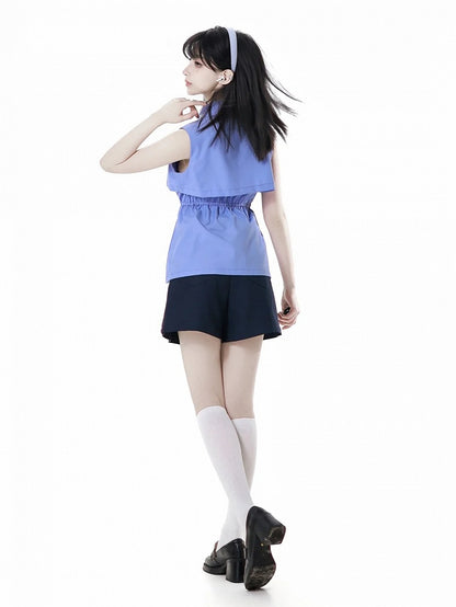 Card Blue Peter Pan Collar Sleeveless Shirt with Bowtie Holder and