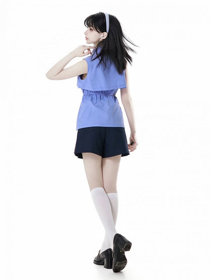 Navy Blue Box Pleat Shorts with Buckle Belt