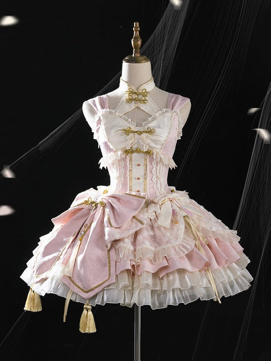 Sakura Pink Corset Waist Qi Lolita Dress with Big Bow on Waist