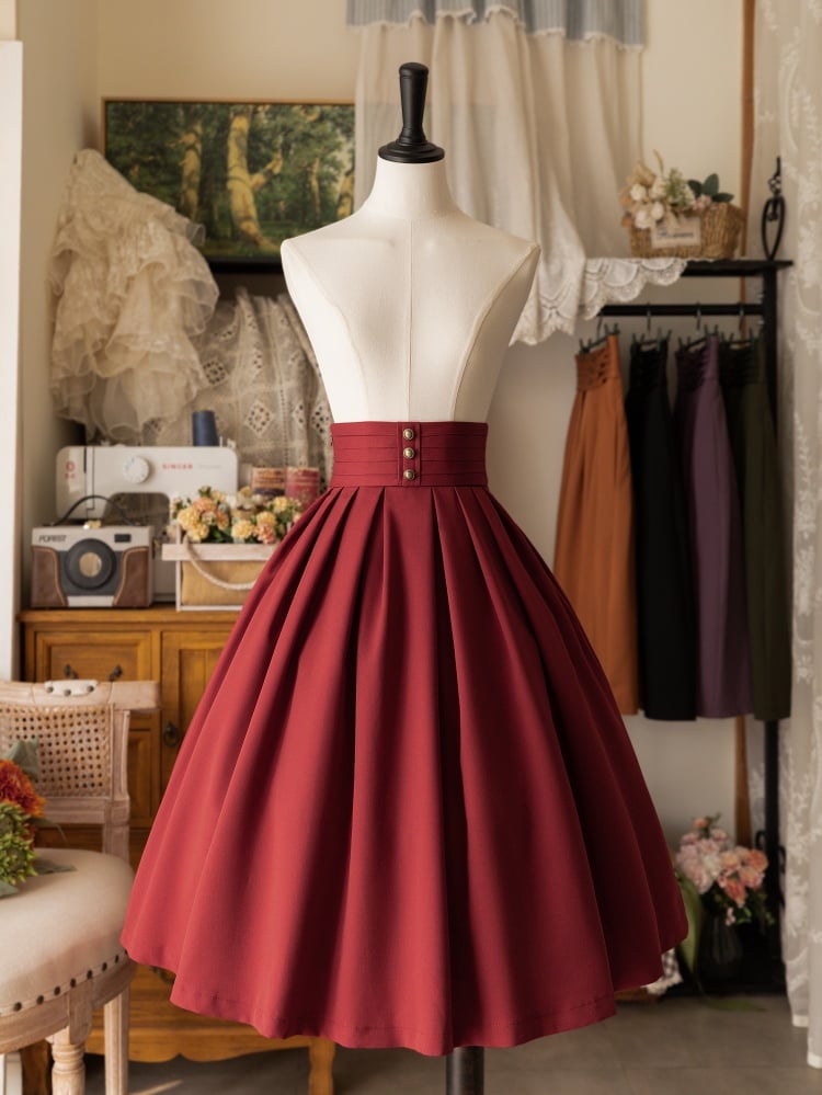 Red High Waist Pleated Hem Lolita Skirt Lace-up