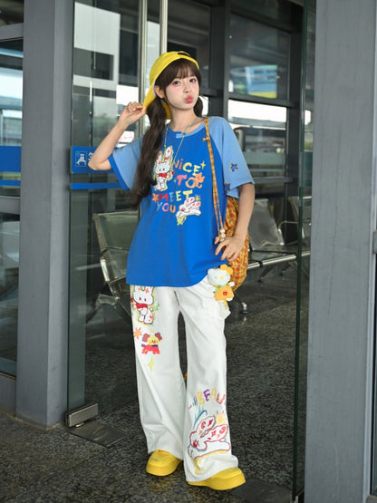 White Low Cartoon Bunny Print Waist Wide-leg Jeans