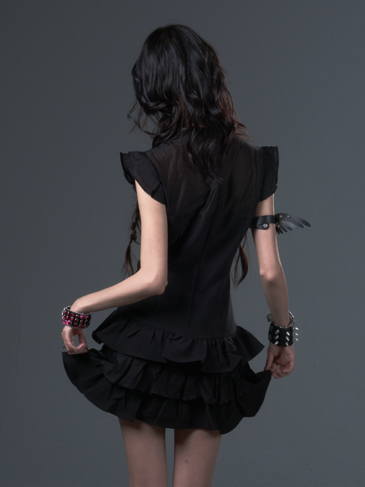Black Gothic Punk A-Line Puff Dress with Lace  Metal Studs