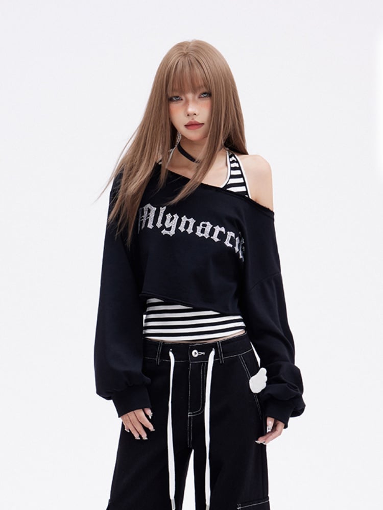 Glamorous Cropped Black Asymmetrical Neckline Letter Embroidery Sweatshirt