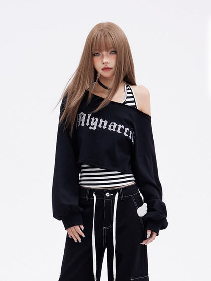 Glamorous Cropped Black Asymmetrical Neckline Letter Embroidery Sweatshirt