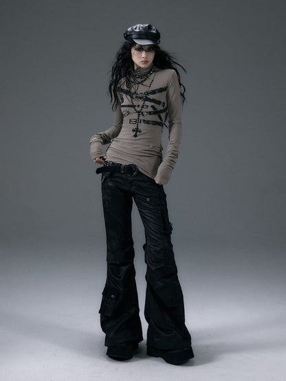 Black Low-Waist Slim-fitting Flared Cargo Pants