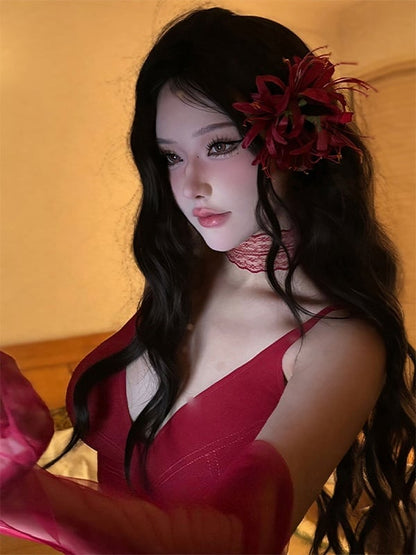 Black Tea Long Wavy Synthetic Wig With Bangs