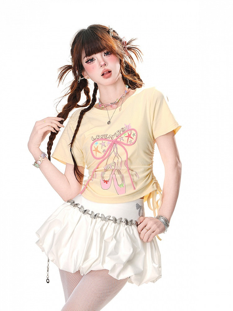 Glamorous Bowknot Black/Yellow/Pink Cropped T-Shirt Drawstring Waist Accent