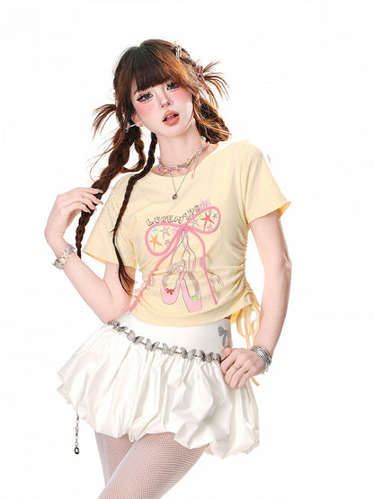 Glamorous Bowknot Black/Yellow/Pink Cropped T-Shirt Drawstring Waist Accent