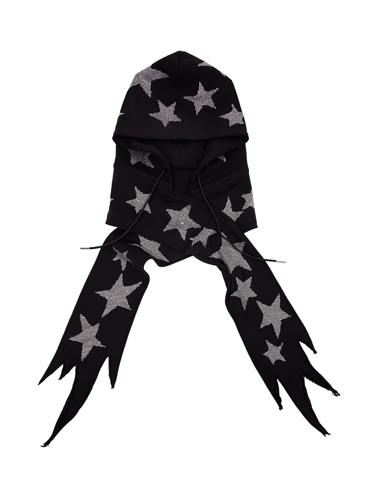 Black/White Star Rhinestones Hat and Scarf All-in-one