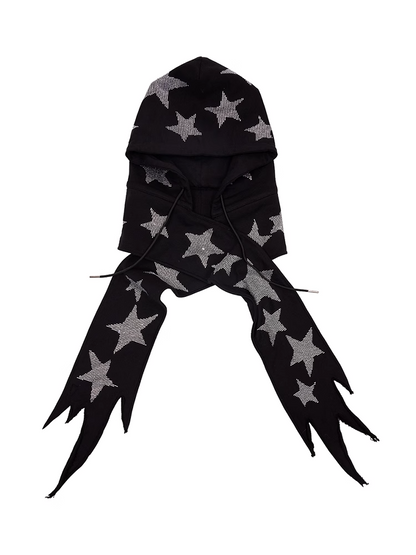Black/White Star Rhinestones Hat and Scarf All-in-one