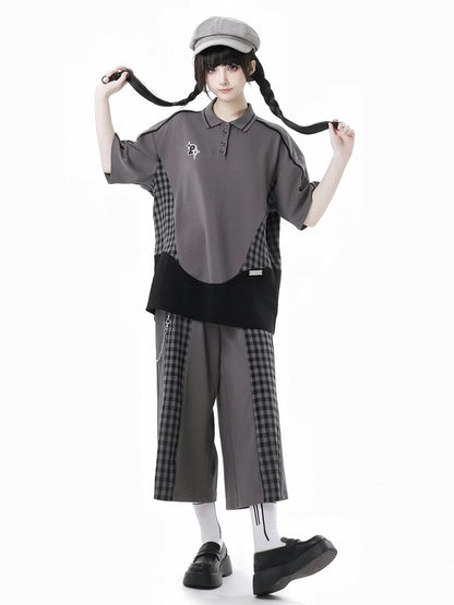 Gray Plaid Patchwork Design Polo Collar Loose Casual T-Shirt
