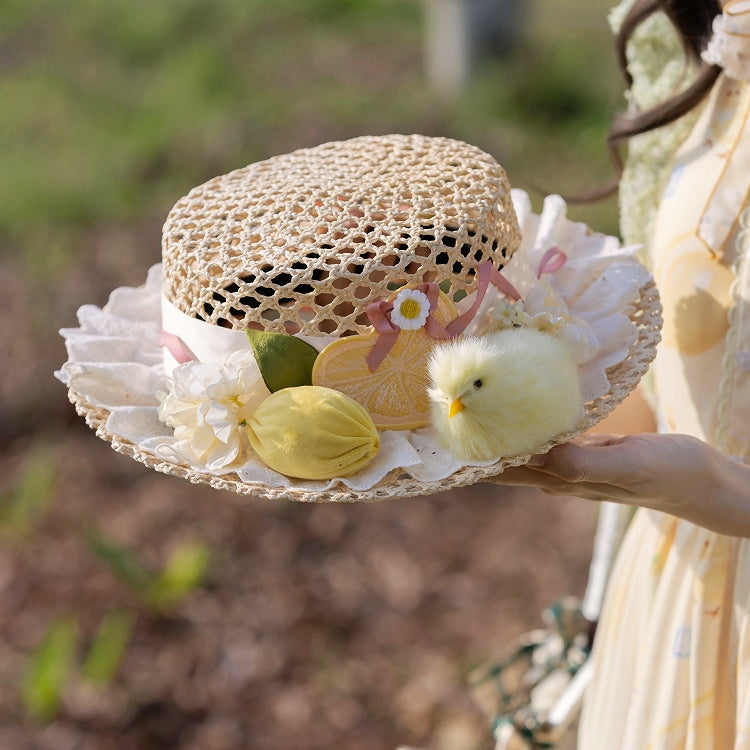 Plush Chick with Hat Flowers and Out Hallow Straw Adorned