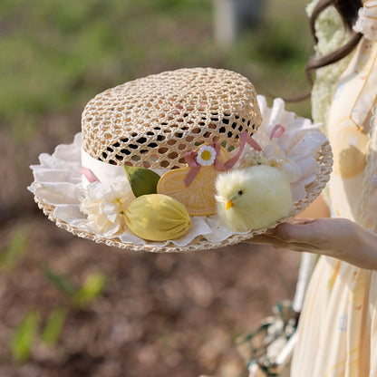 Plush Chick with Hat Flowers and Out Hallow Straw Adorned